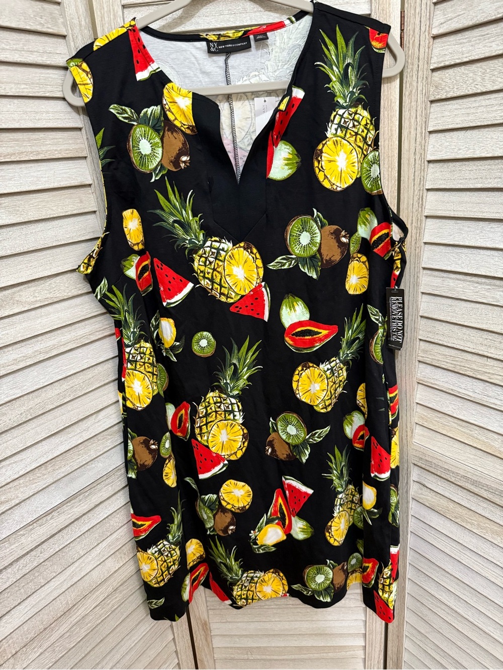 Tropical Fruit Print Sleeveless Dress - Black with Yellow & Red